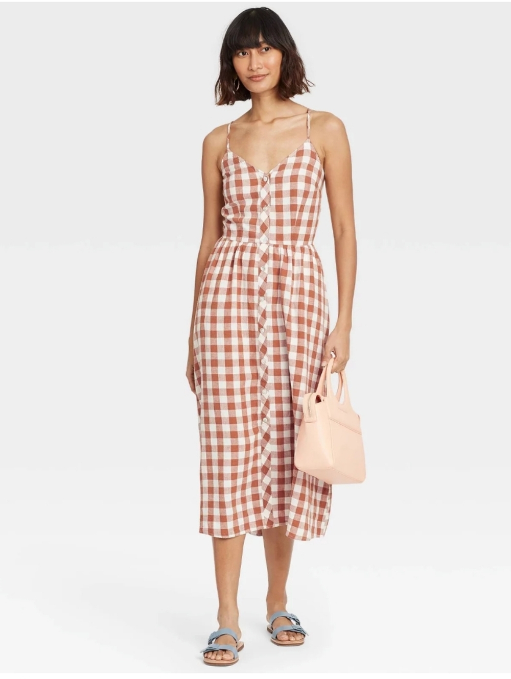 A New Day Tan and White Gingham Midi Dress Button Down Linen Blend Size Small